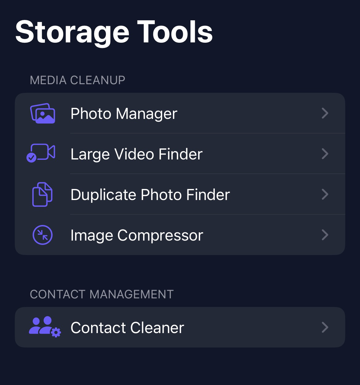 Screenshot of the Storage Management page